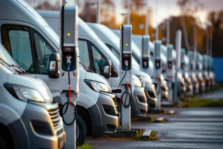 Estación de carga con una fila de furgonetas eléctricas