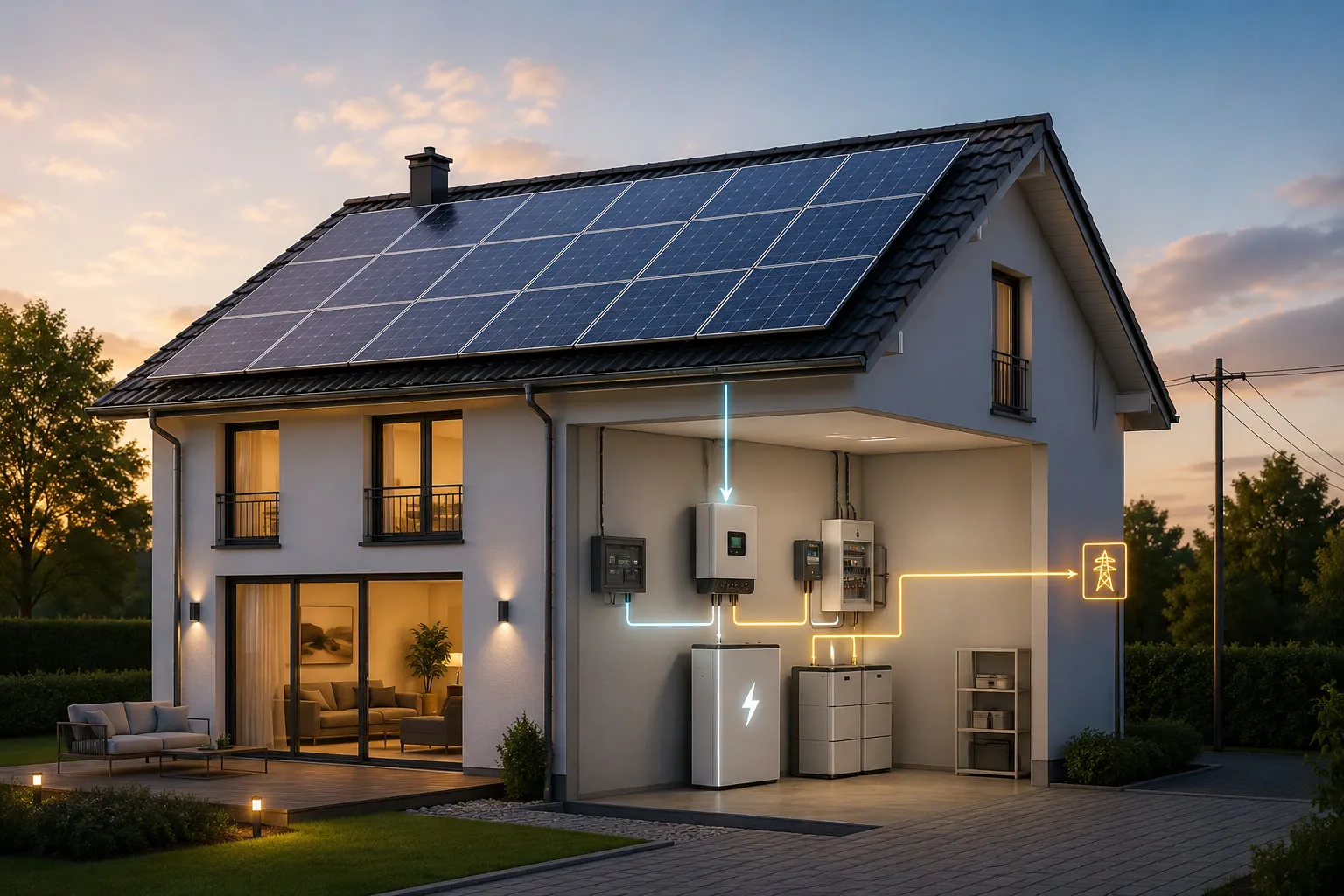 Casa al atardecer con placas solares en el tejado y batería en el garaje