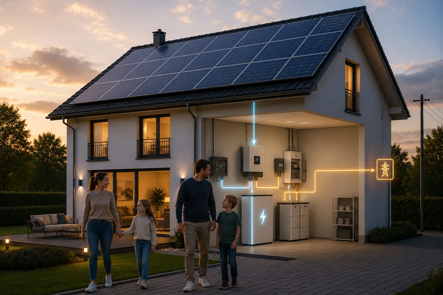 Familia frente a su casa con placas solares