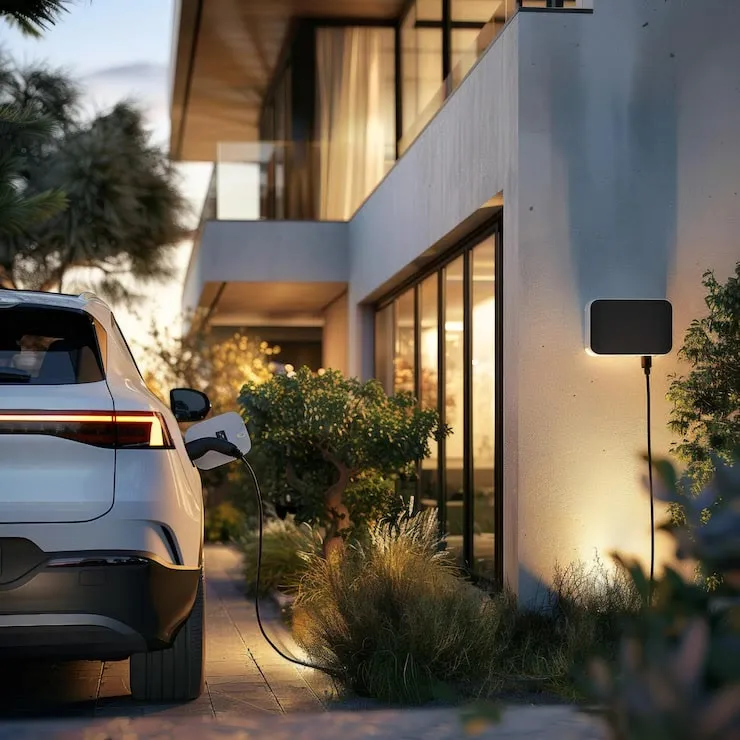Coche eléctrico cargando frente a una casa