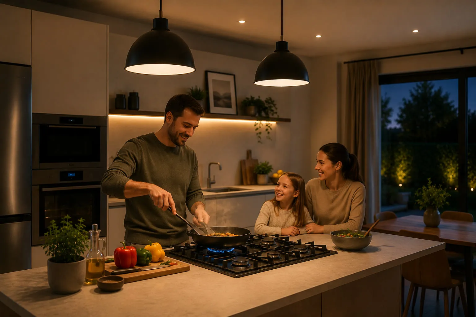 Familia cocinando juntos en una cocina de gas