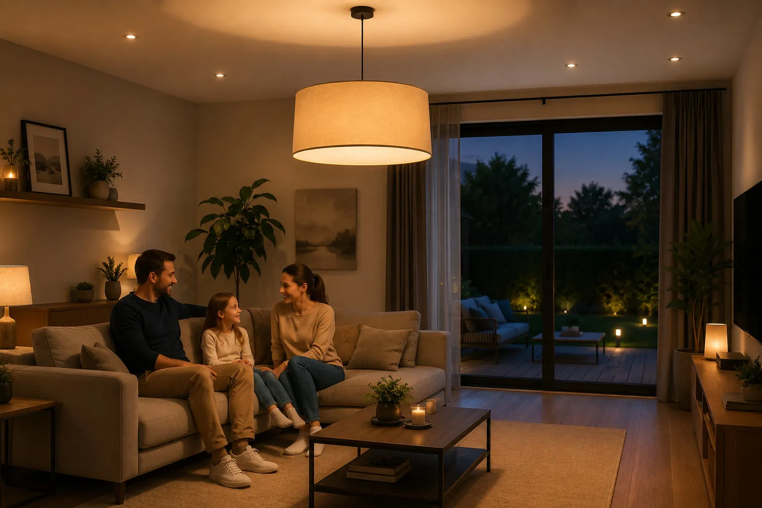 Familia charlando en el sofá del salón al anochecer, con las luces de casa encendidas