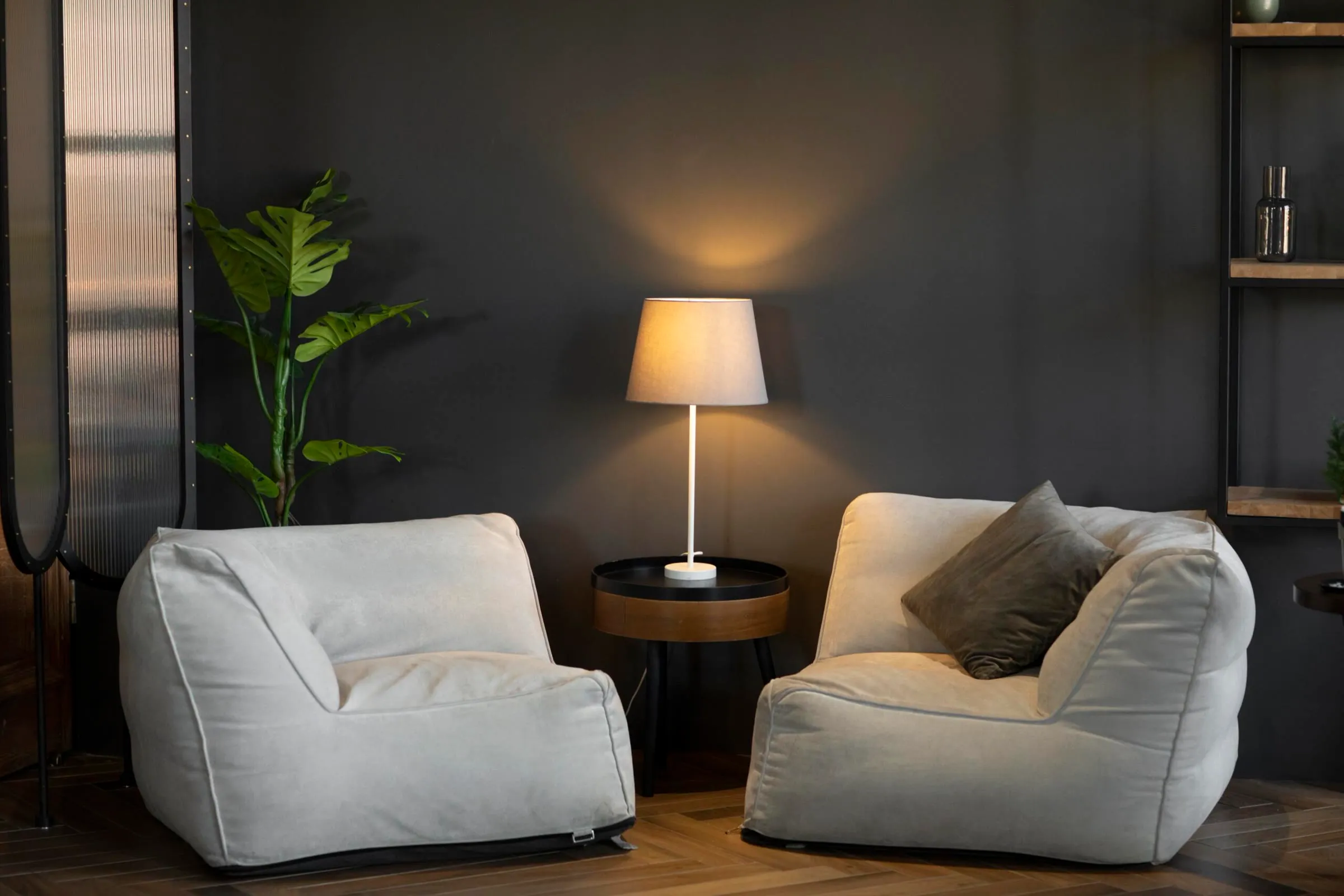 Salón de una casa con lámpara encendida
