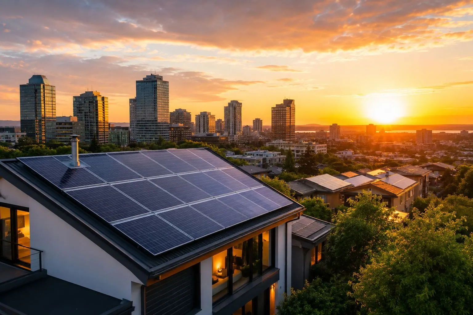 Tejado con placas solares y la ciudad al atardecer
